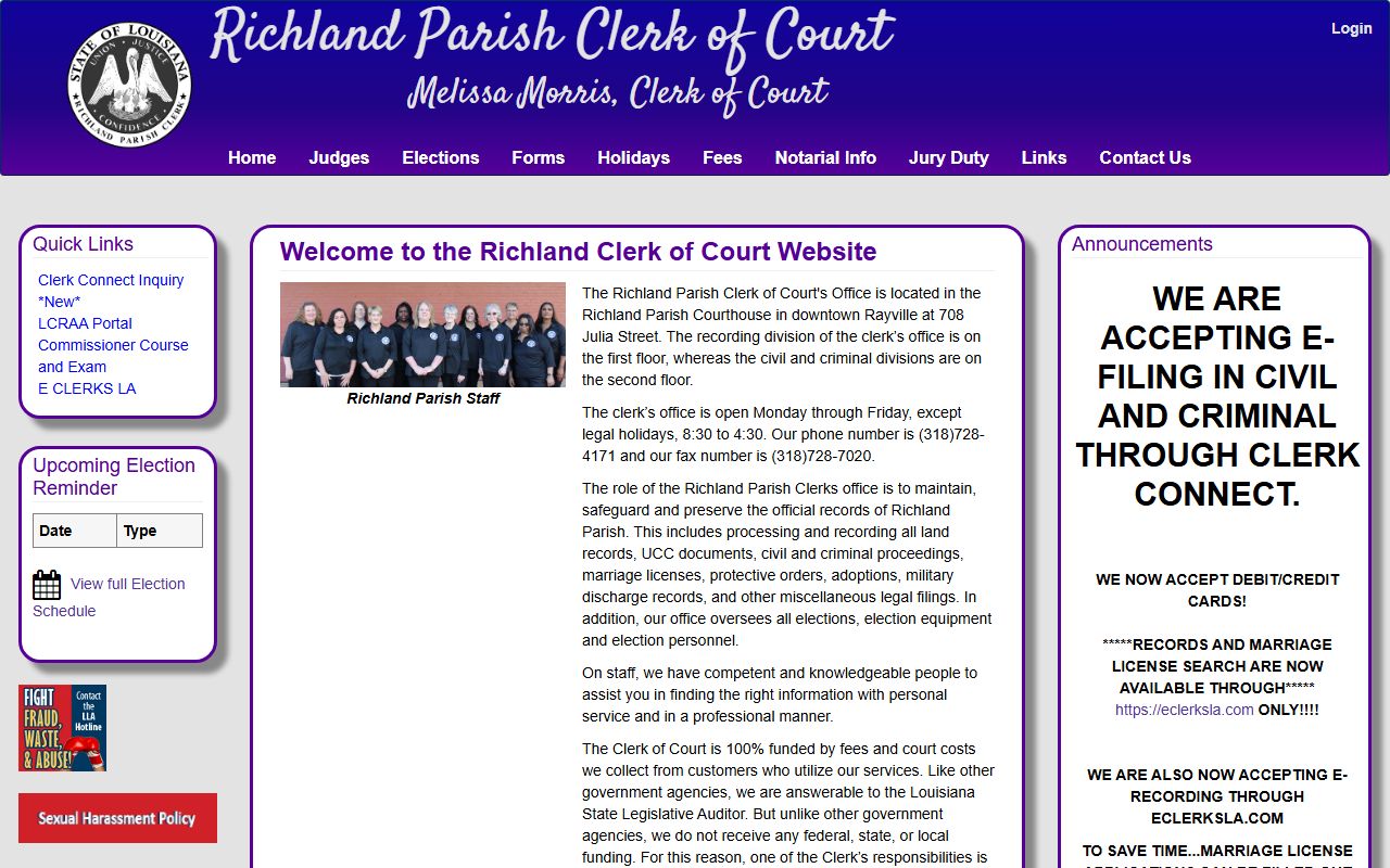 Richland Parish criminal history records clerk of court website portal