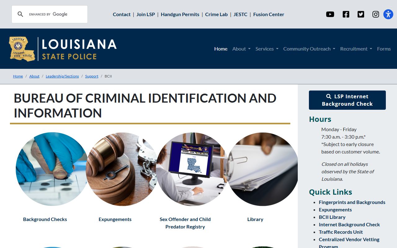 Louisiana Bureau of Criminal Identification and Information page for criminal history records