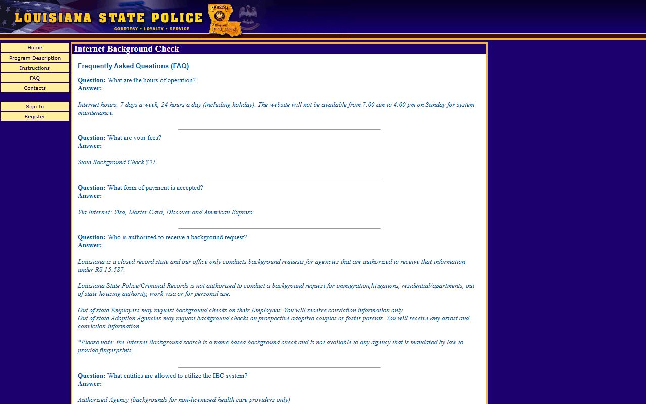 Louisiana IBC FAQ page explaining criminal history check response types