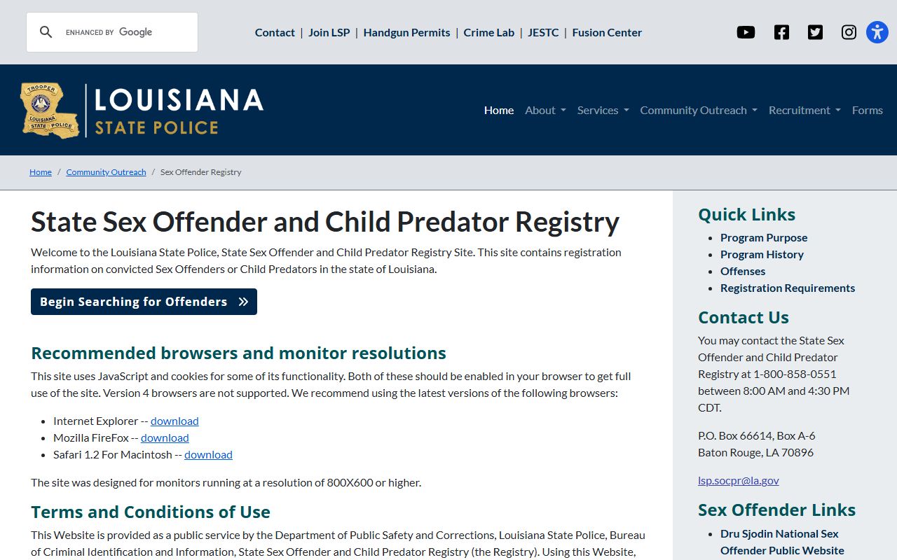 Louisiana Sex Offender and Child Predator Registry search page